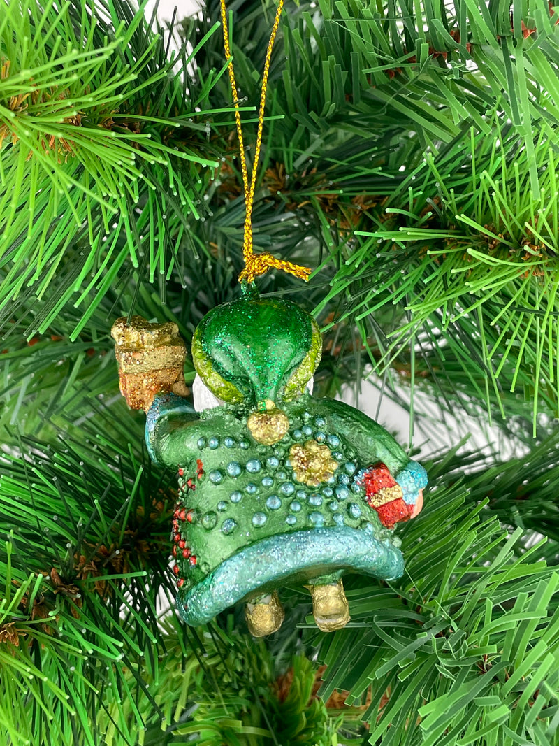 Kleiner Weihnachtsmann mit Geschenken grün-gold Deko Hänger handbemalt Weihnachten Christbaumschmuck 7 cm