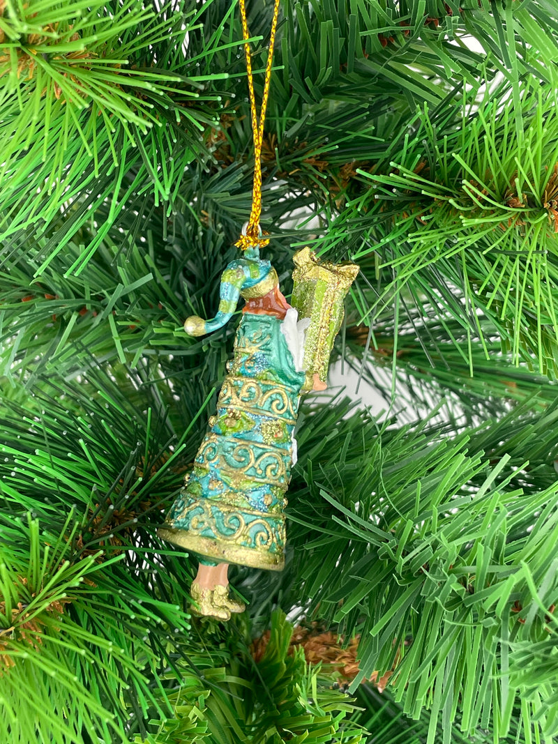 Kleiner Gabenträger Weihnachtsmann mit Geschenk türkis gold mini Weihnachten Deko Hänger Christbaumschmuck 8 cm