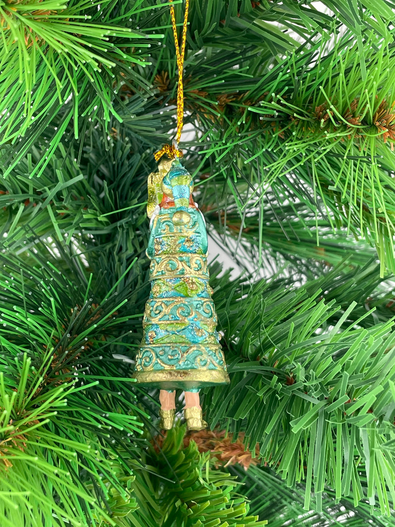 Kleiner Gabenträger Weihnachtsmann mit Geschenk türkis gold mini Weihnachten Deko Hänger Christbaumschmuck 8 cm