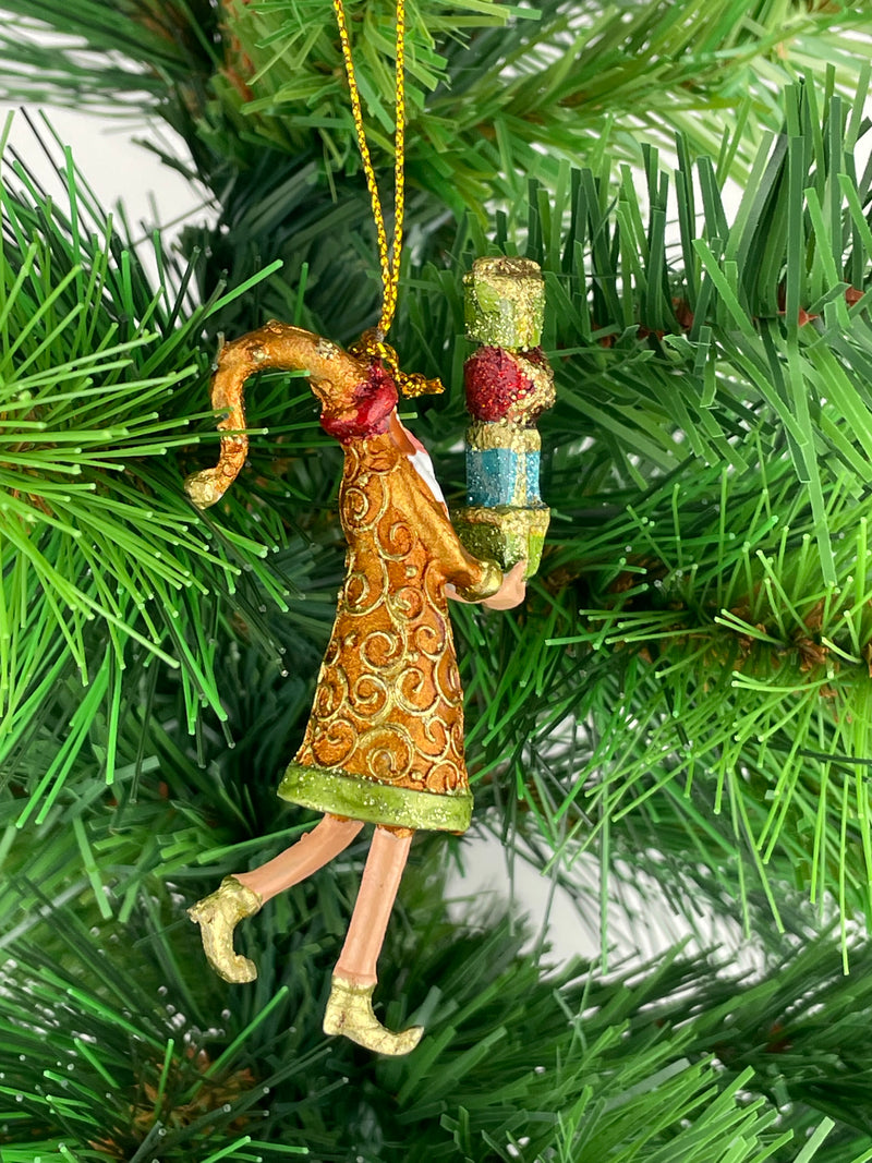 Kleiner Gabenträger Weihnachtsmann mit Geschenk mini Weihnachten Deko Hänger Christbaumschmuck 8 cm kupfer-gold