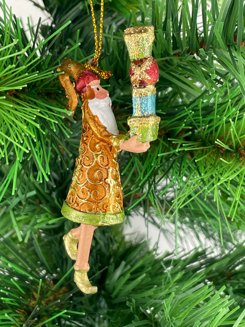 Kleiner Gabenträger Weihnachtsmann mit Geschenk mini Weihnachten Deko Hänger Christbaumschmuck 8 cm kupfer-gold