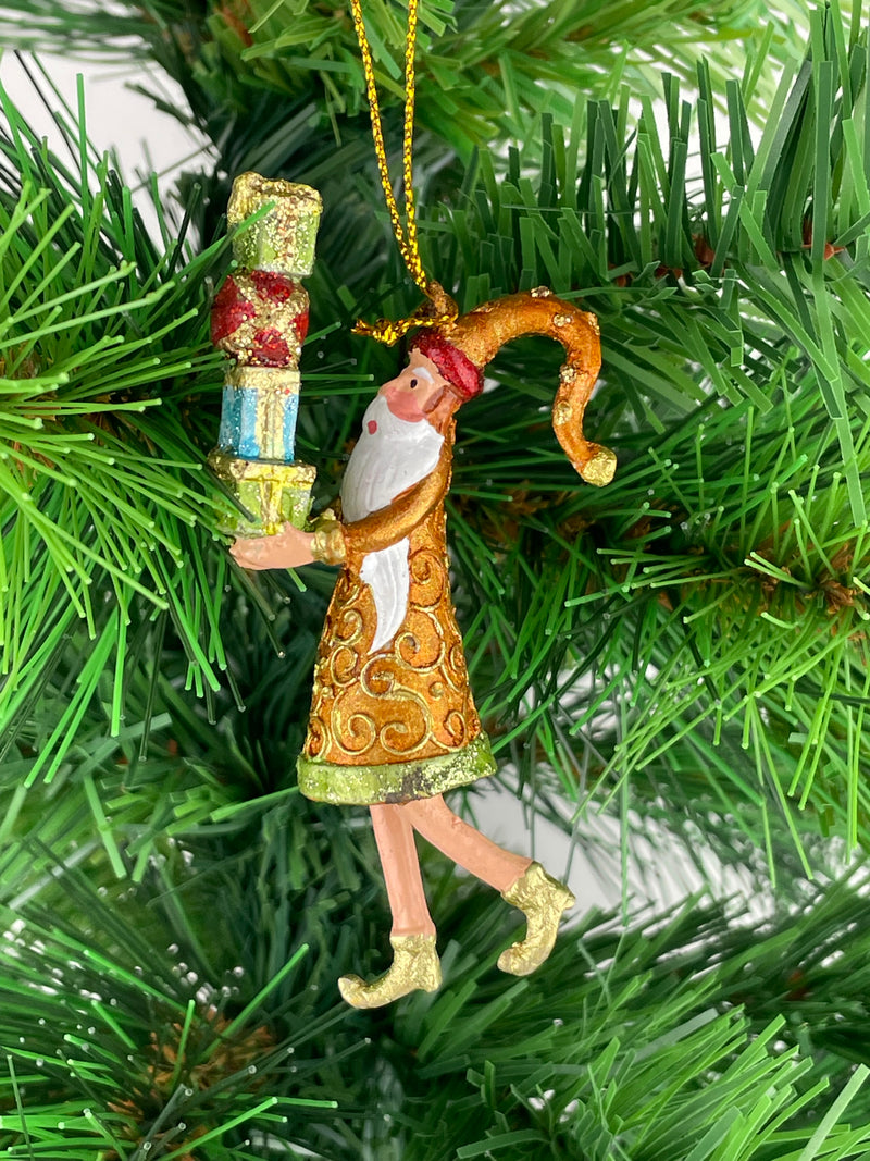 Kleiner Gabenträger Weihnachtsmann mit Geschenk mini Weihnachten Deko Hänger Christbaumschmuck 8 cm kupfer-gold