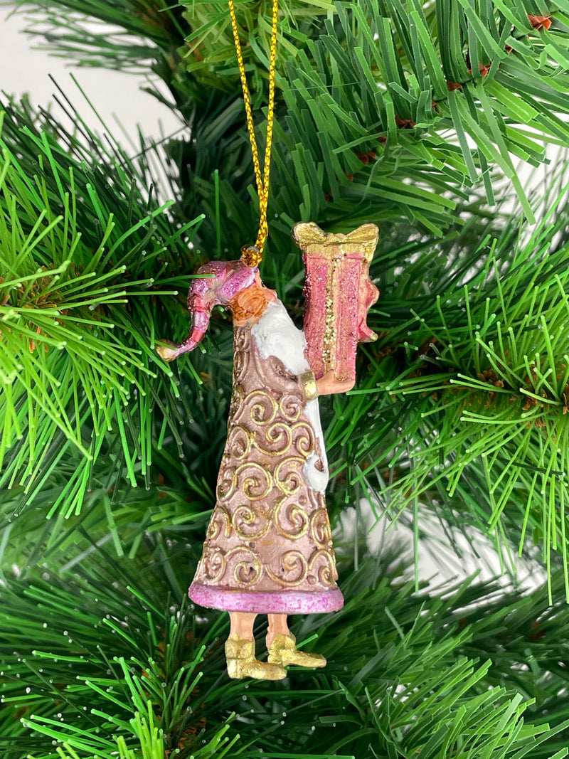 Kleiner Gabenträger Weihnachtsmann mit Geschenk mini Weihnachten Deko Hänger Christbaumschmuck 8 cm rosa-gold