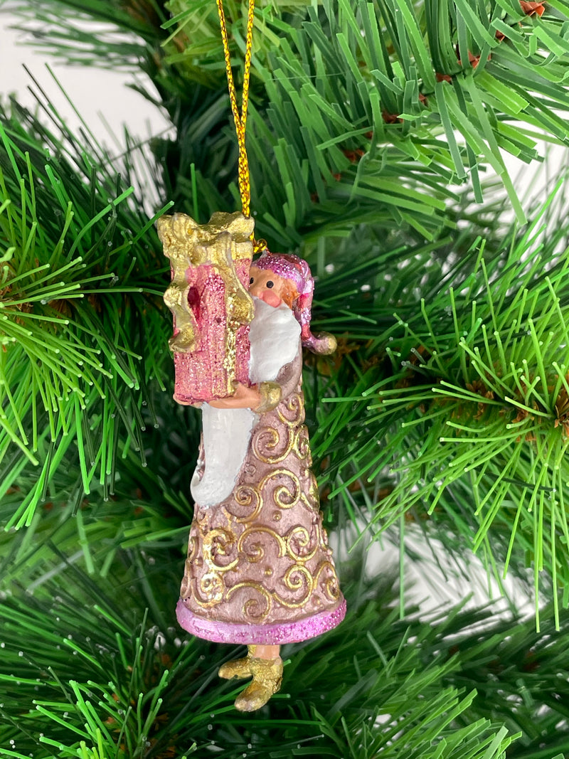 Kleiner Gabenträger Weihnachtsmann mit Geschenk mini Weihnachten Deko Hänger Christbaumschmuck 8 cm rosa-gold