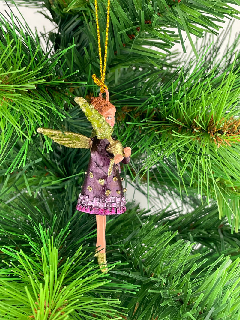Kleiner Engel mit Weihnachtsbaum mini Weihnachten Deko Hänger Christbaumschmuck 8 cm lila gold