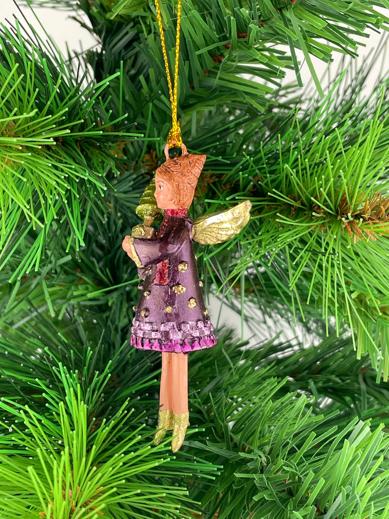 Kleiner Engel mit Weihnachtsbaum mini Weihnachten Deko Hänger Christbaumschmuck 8 cm lila gold