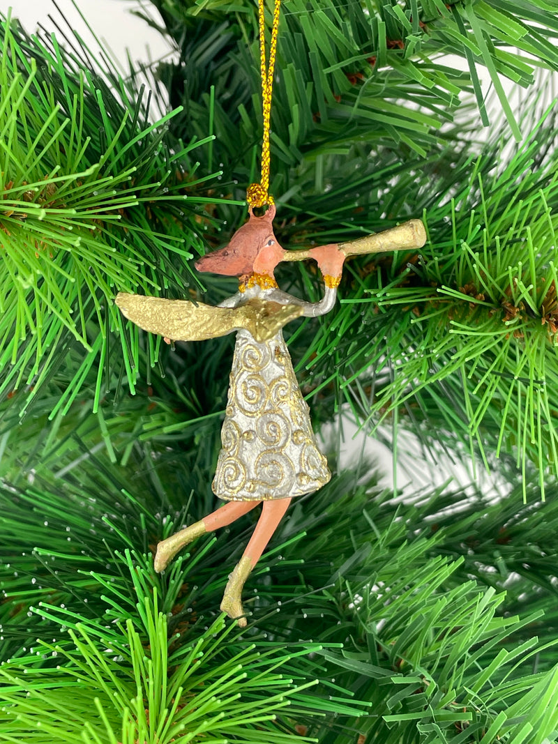 Kleiner Engel mit Fanfare mini Weihnachten Deko Hänger Christbaumschmuck 8 cm silber gold