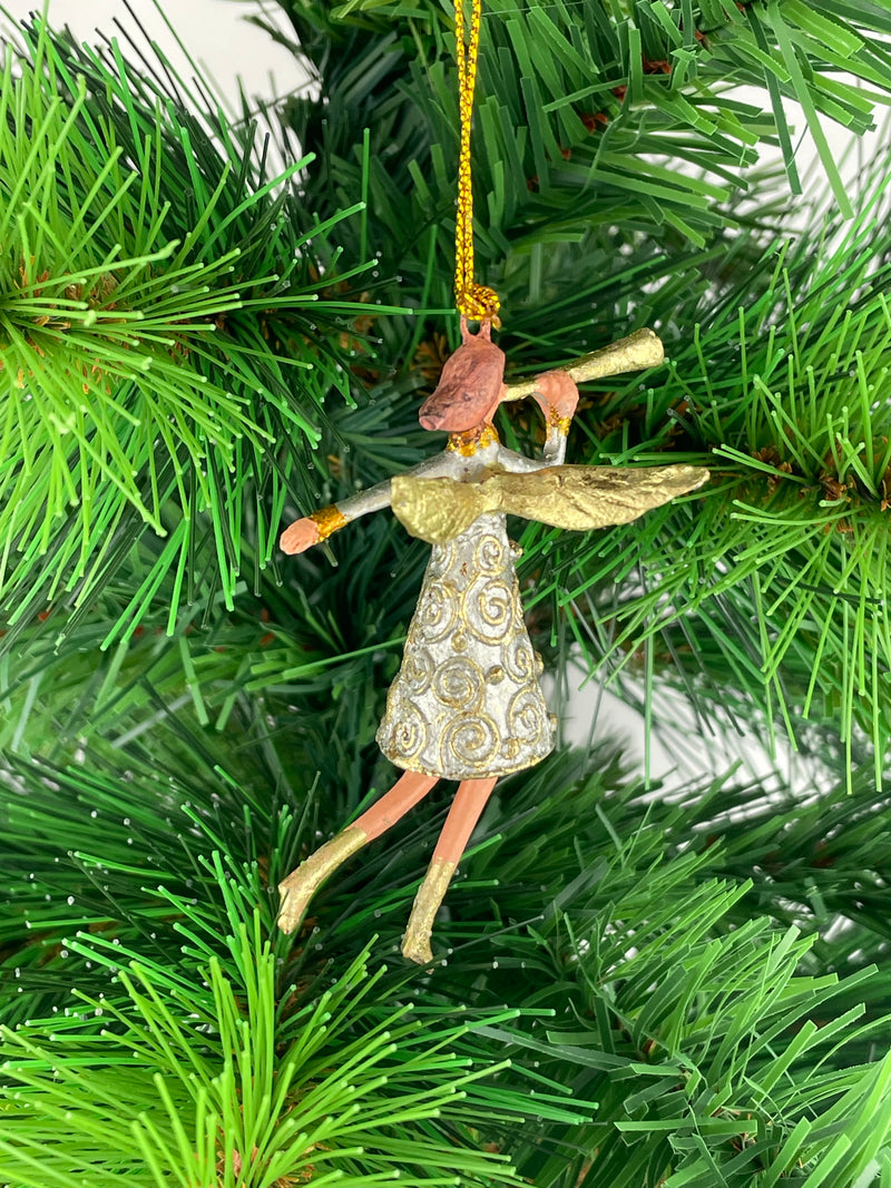 Kleiner Engel mit Fanfare mini Weihnachten Deko Hänger Christbaumschmuck 8 cm silber gold