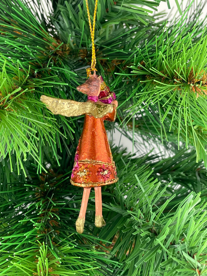 Kleiner Engel mit Geschenken mini Weihnachten Deko Hänger Christbaumschmuck 8 cm kupfer