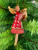 Christbaumschmuck Engel in einem rot-weißen Kleid  und einer goldenen Harfe Baumschmuck 14cm hoch