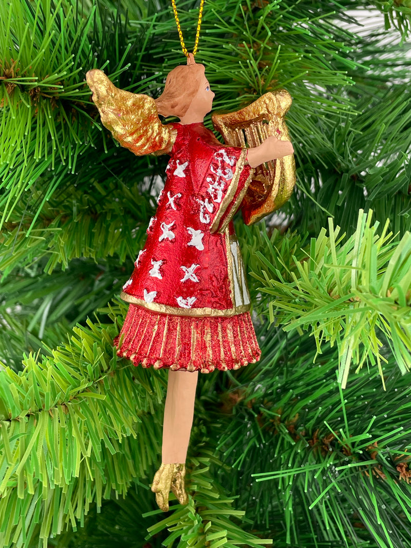 Christbaumschmuck Engel in einem rot-weißen Kleid  und einer goldenen Harfe Baumschmuck 14cm hoch