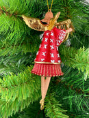 Christbaumschmuck Engel in einem rot-weißen Kleid  und einer goldenen Harfe Baumschmuck 14cm hoch