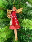 Christbaumschmuck Engel in einem rot-weißen Kleid  und einer goldenen Harfe Baumschmuck 14cm hoch
