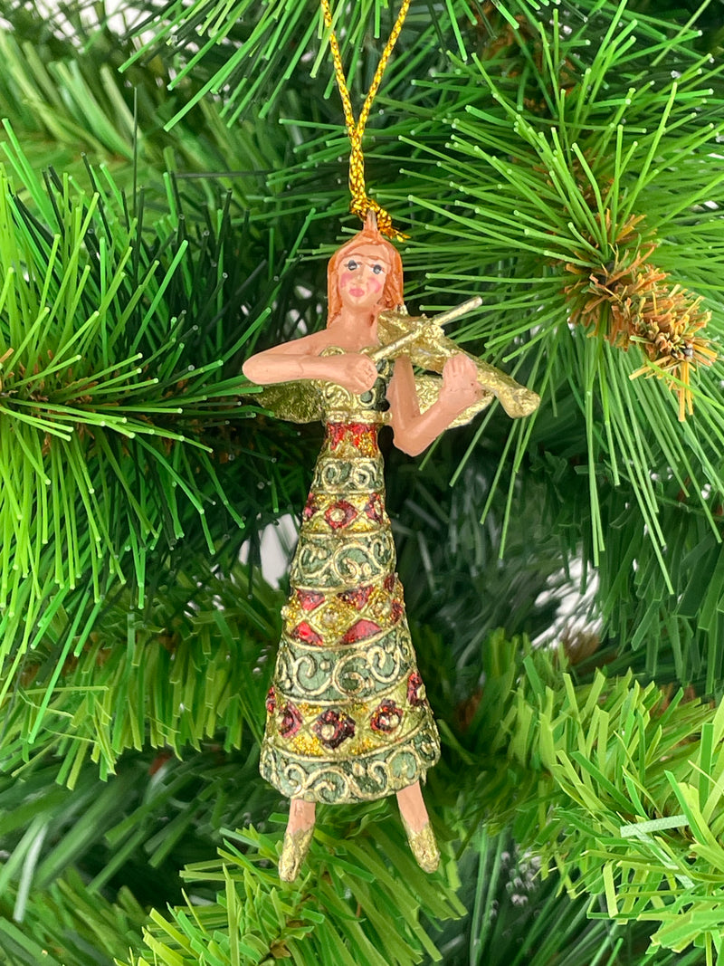 Kleiner Engel mit Geige Musikengel mini Weihnachten Deko Hänger Christbaumschmuck 8 cm grün-rot