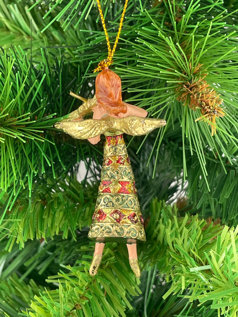Kleiner Engel mit Geige Musikengel mini Weihnachten Deko Hänger Christbaumschmuck 8 cm grün-rot
