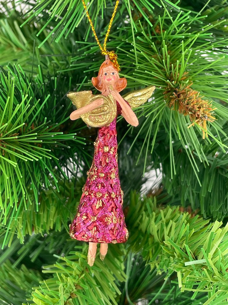 Kleiner Engel mit Horn Musikengel mini Weihnachten Deko Hänger Christbaumschmuck 8 cm pink-gold