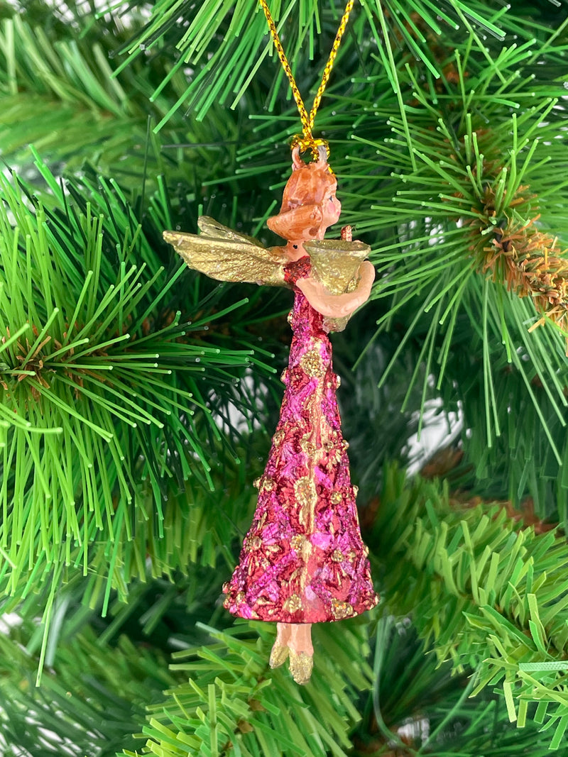 Kleiner Engel mit Horn Musikengel mini Weihnachten Deko Hänger Christbaumschmuck 8 cm pink-gold