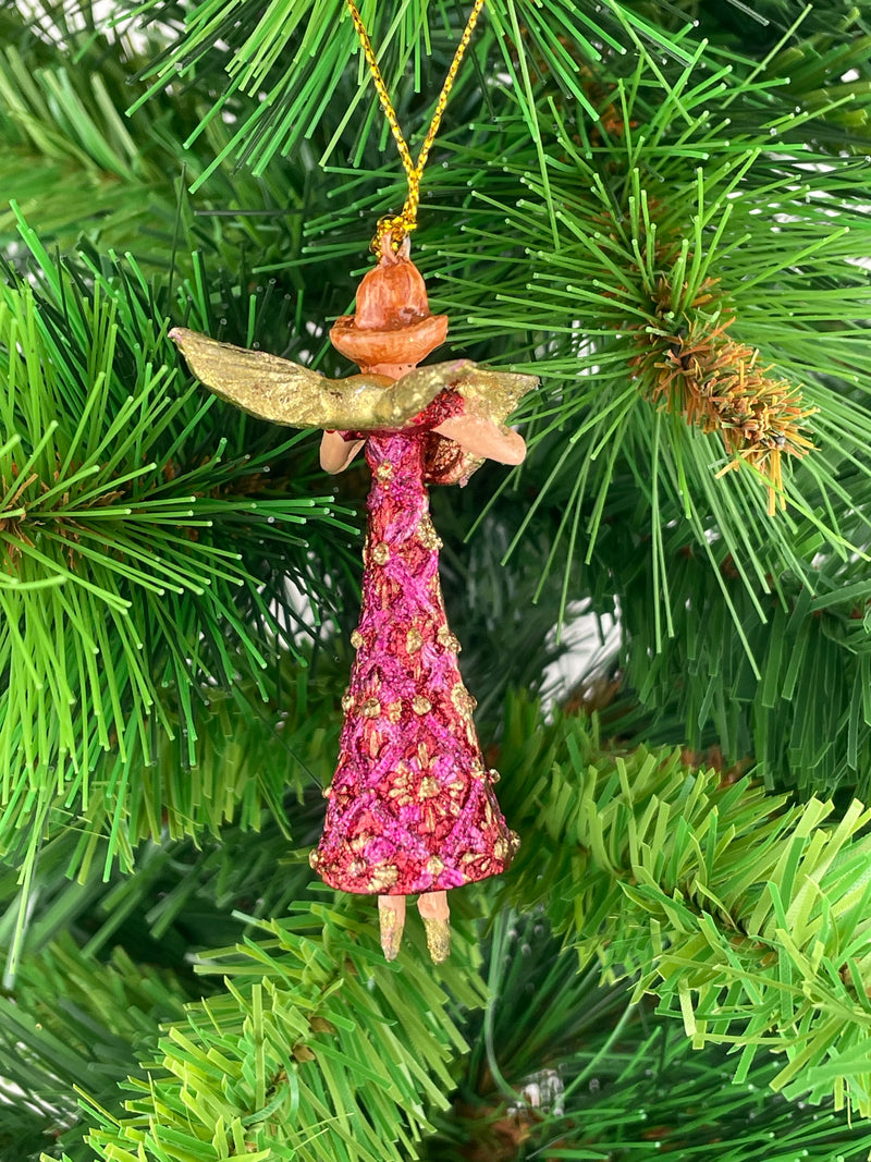 Kleiner Engel mit Horn Musikengel mini Weihnachten Deko Hänger Christbaumschmuck 8 cm pink-gold