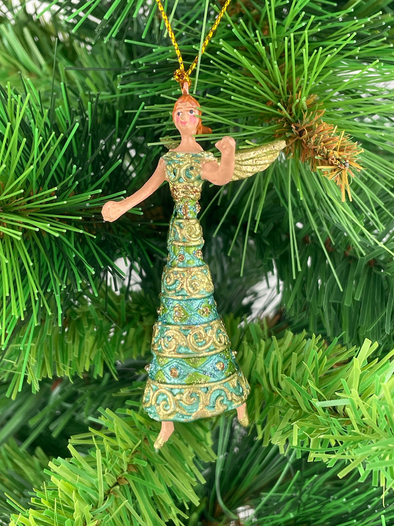 Kleiner Engel mit langem Kleid Musikengel mini Weihnachten Deko Hänger Christbaumschmuck 8 cm türkis-grün