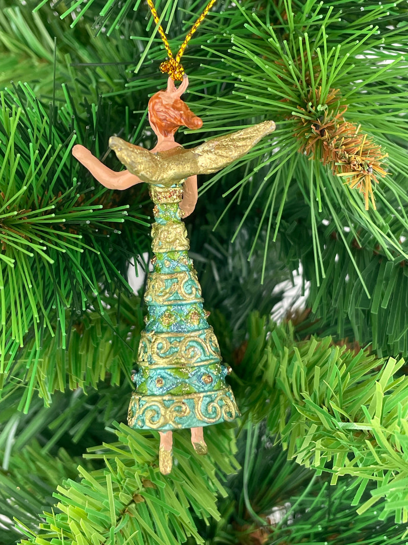 Kleiner Engel mit langem Kleid Musikengel mini Weihnachten Deko Hänger Christbaumschmuck 8 cm türkis-grün