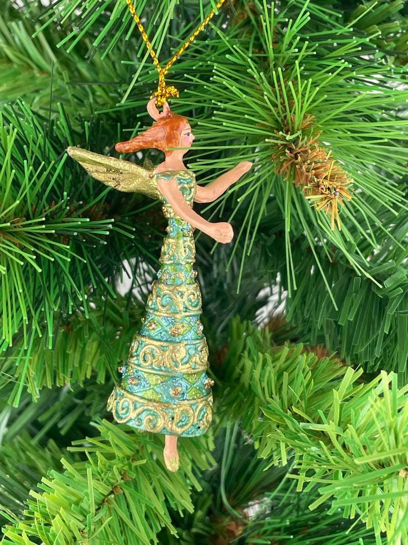 Kleiner Engel mit langem Kleid Musikengel mini Weihnachten Deko Hänger Christbaumschmuck 8 cm türkis-grün