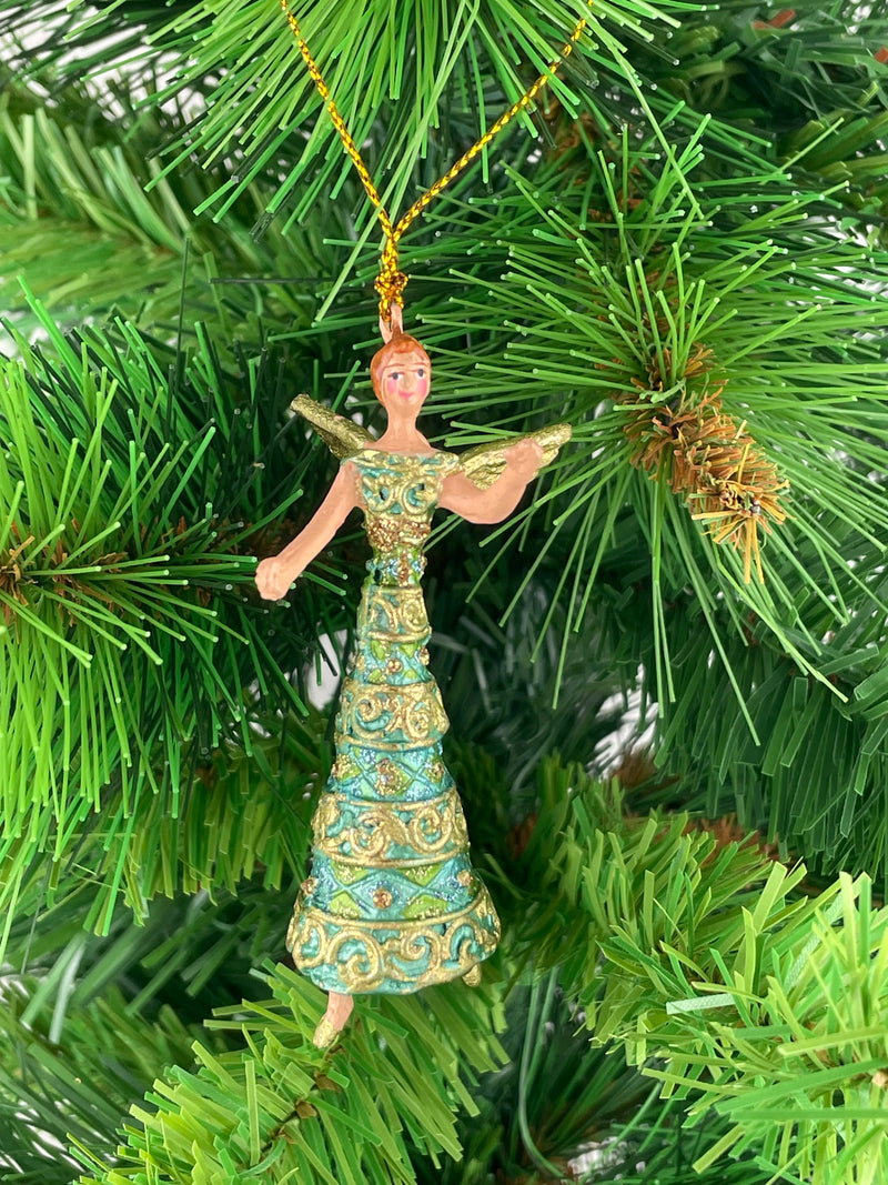 Kleiner Engel mit langem Kleid Musikengel mini Weihnachten Deko Hänger Christbaumschmuck 8 cm türkis-grün
