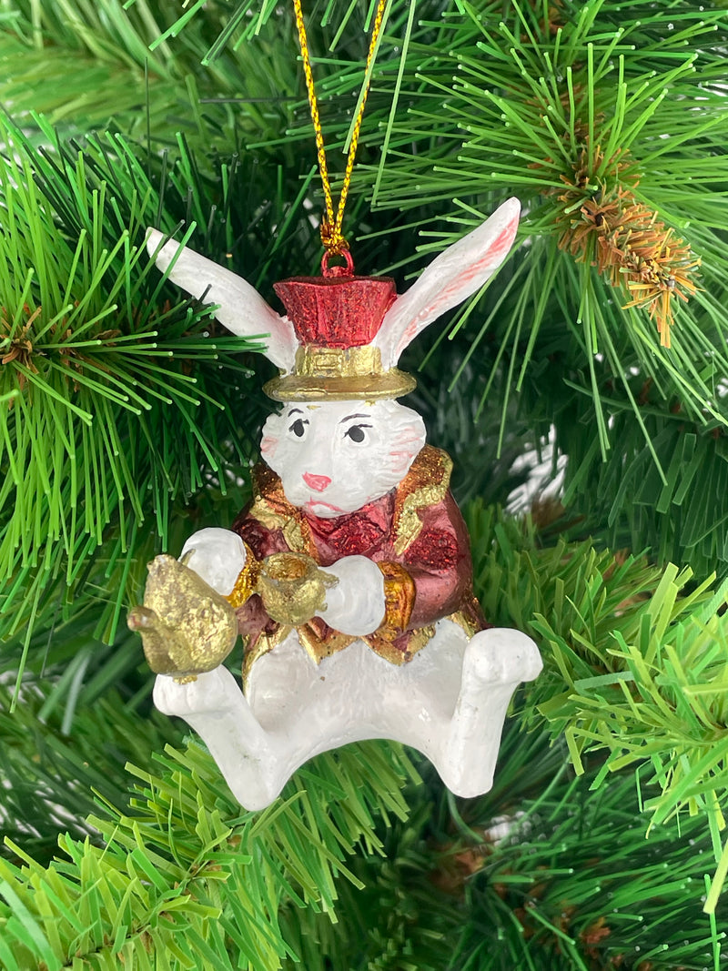 Hase mit Kanne und rotem Hut Deko Hänger Ostern handbemalt Baumschmuck 7 cm