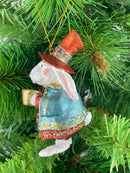 Hase mit Tasse in einem blauen Jacket Deko Hänger Ostern handbemalt Baumschmuck 10 cm