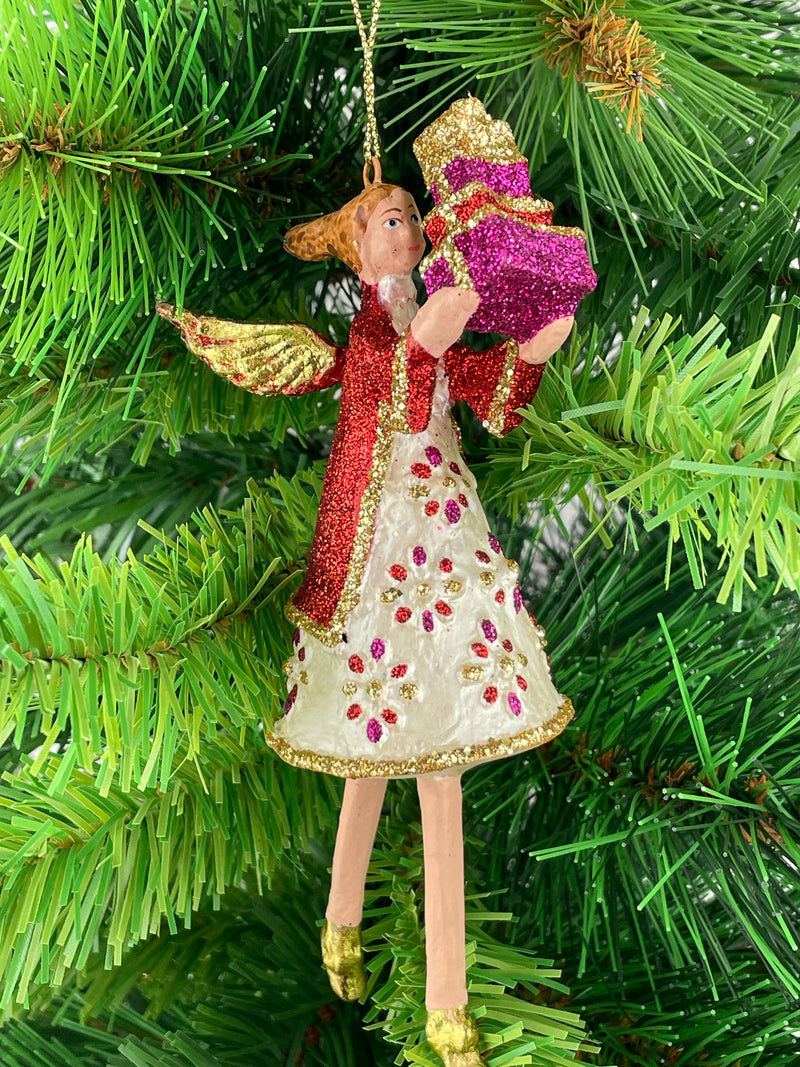 Christbaumschmuck Figur Engel weiß-rot mit Geschenken Hänger Baumschmuck 15cm