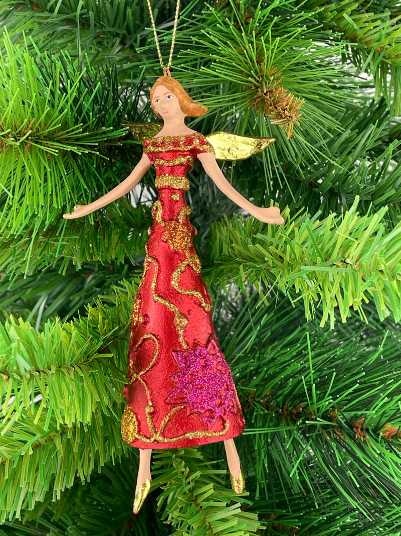 Christbaumschmuck Engel mit Flügeln in einem rot- gold verzierten Kleid  Baumschmuck 16cm