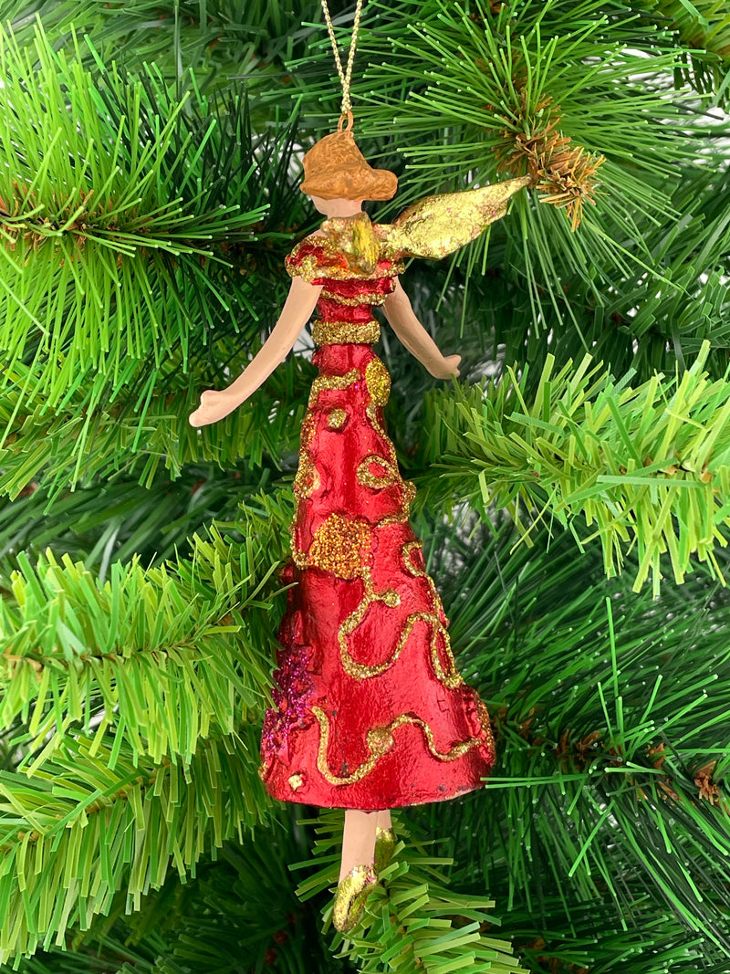 Christbaumschmuck Engel mit Flügeln in einem rot- gold verzierten Kleid  Baumschmuck 16cm
