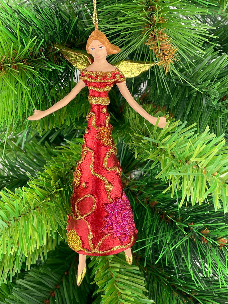 Christbaumschmuck Engel mit Flügeln in einem rot- gold verzierten Kleid  Baumschmuck 16cm