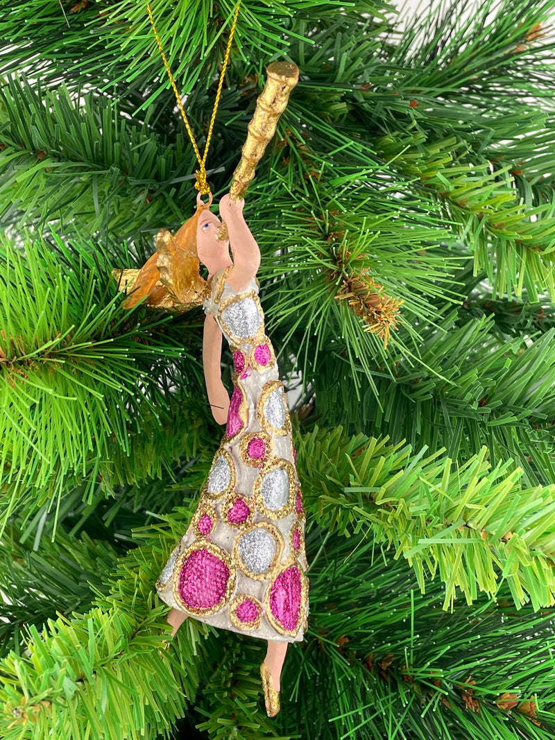Christbaumschmuck Engel mit Fanfare in einem pink silber weißen Kleid Baumschmuck 16cm