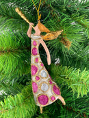 Christbaumschmuck Engel mit Fanfare in einem pink silber weißen Kleid Baumschmuck 16cm