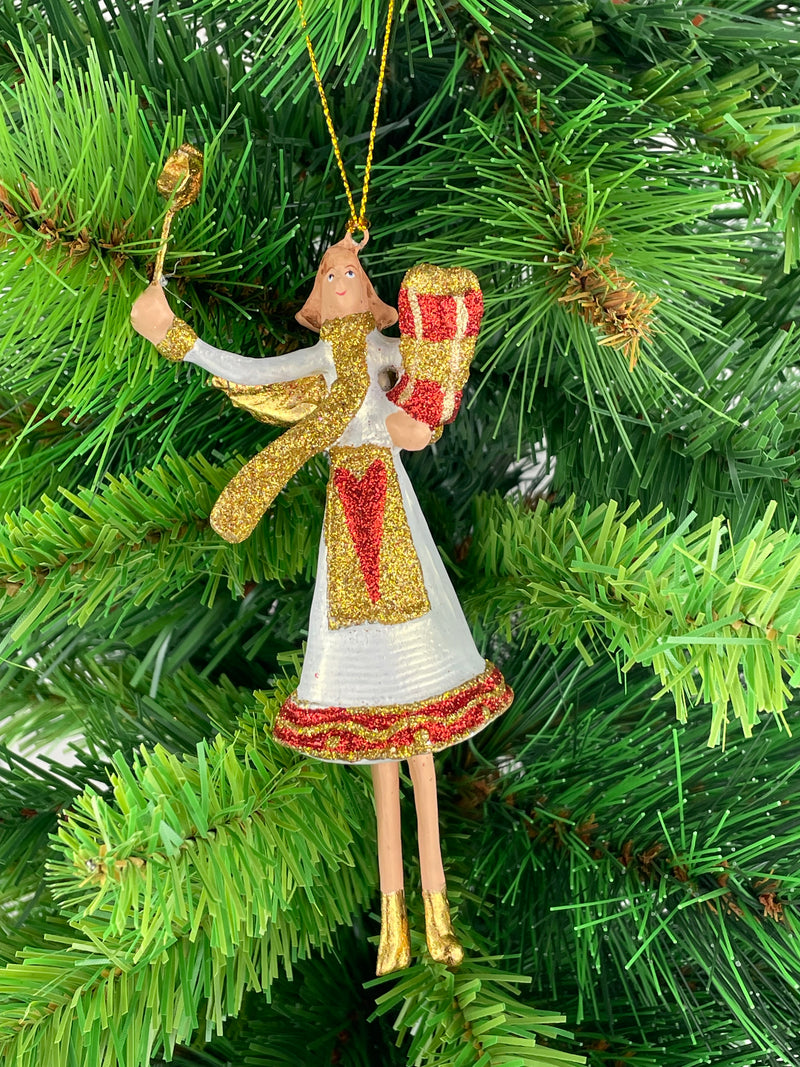 Christbaumschmuck  Engel in einem weiß-roten Kleid mit Stern und Geschenken Baumschmuck 15cm