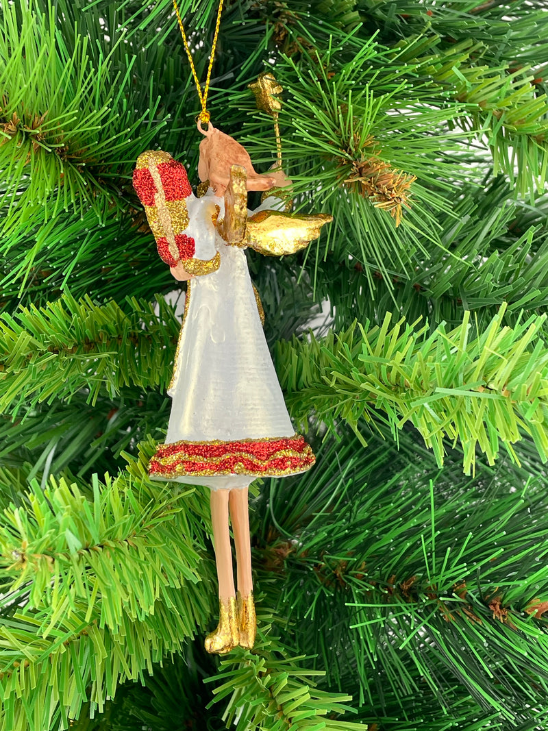 Christbaumschmuck  Engel in einem weiß-roten Kleid mit Stern und Geschenken Baumschmuck 15cm