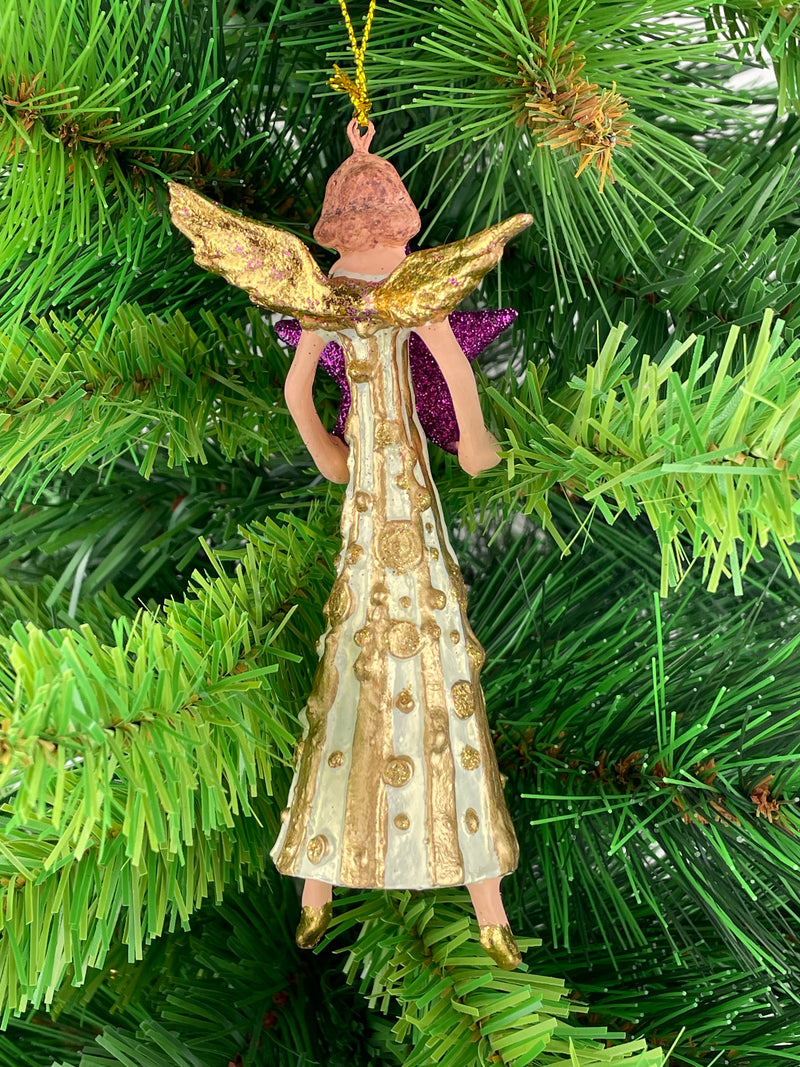 Christbaumschmuck Figur Engel creme-gold mit lila-Stern Anhänger Ornament Baumschmuck Weihnachten 14cm