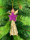 Christbaumschmuck Figur Engel creme-gold mit lila-Stern Anhänger Ornament Baumschmuck Weihnachten 14cm