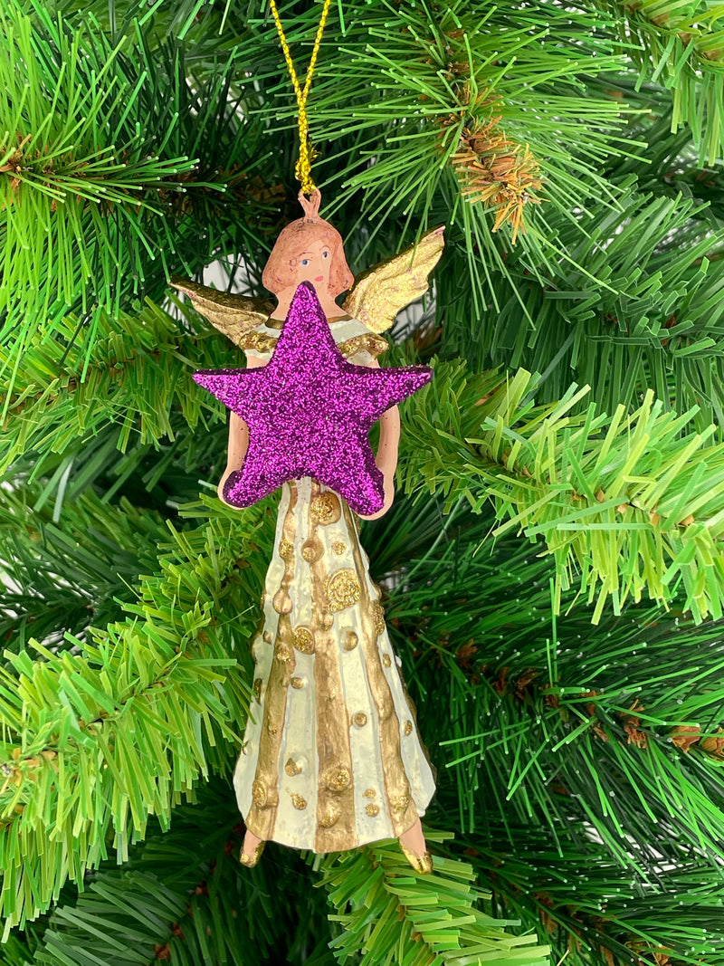 Christbaumschmuck Figur Engel creme-gold mit lila-Stern Anhänger Ornament Baumschmuck Weihnachten 14cm