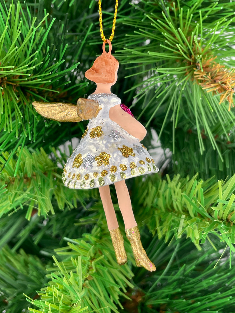 Kleiner Engel mit Herz mini Weihnachten Deko Hänger Christbaumschmuck 8 cm weiß gold