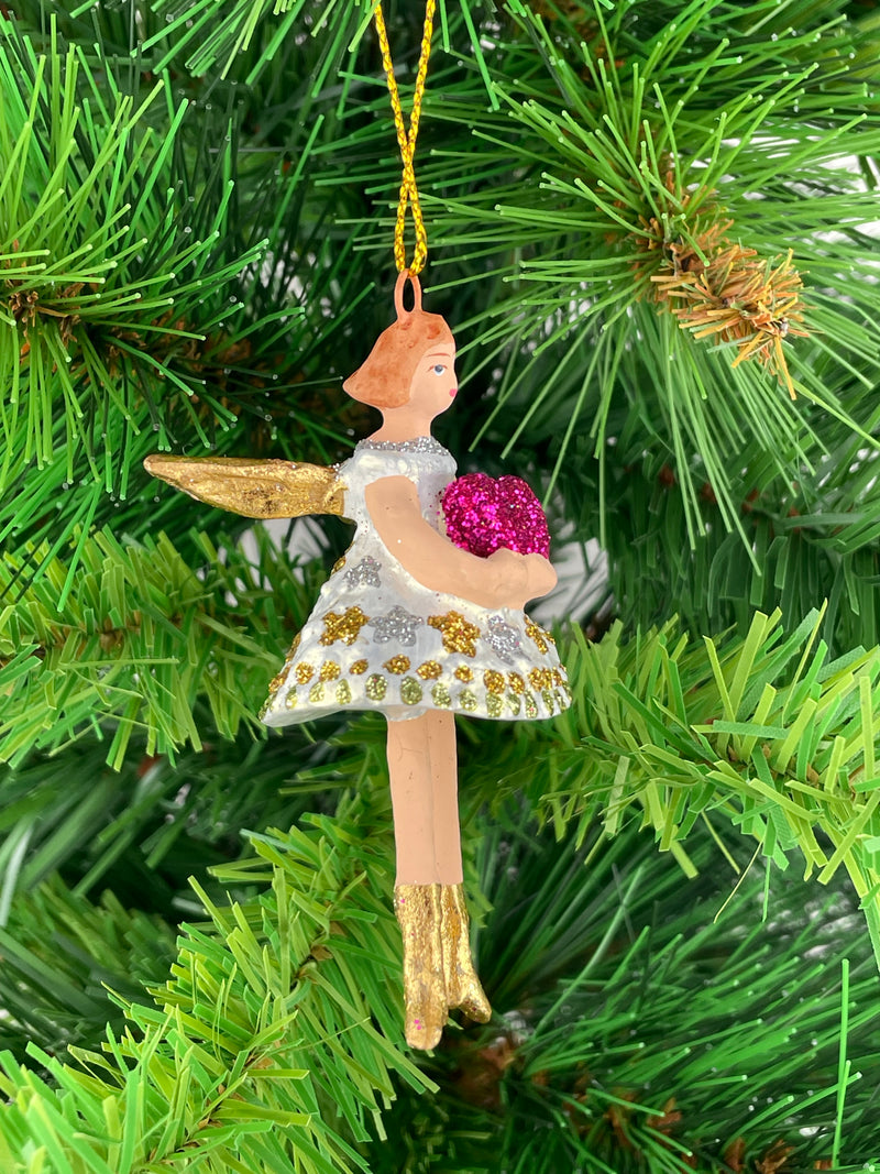 Kleiner Engel mit Herz mini Weihnachten Deko Hänger Christbaumschmuck 8 cm weiß gold