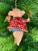 Christbaumschmuck Figur "Schwein mit Flügeln" Anhänger türkis-rot Weihnachten 10,5 cm