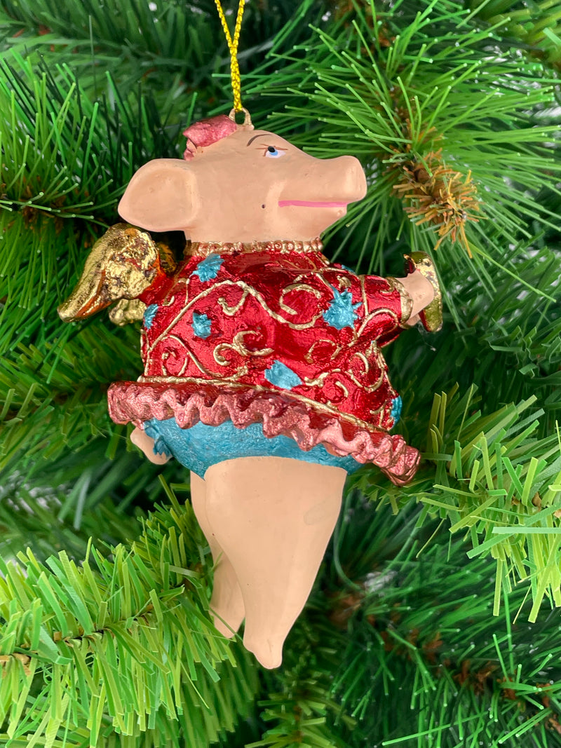 Christbaumschmuck Figur "Schwein mit Flügeln" Anhänger türkis-rot Weihnachten 10,5 cm
