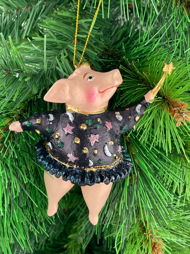 Christbaumschmuck Figur "Schwein mit Flügeln und Stern" Hänger schwarz-flieder Weihnachten Hänger 12cm