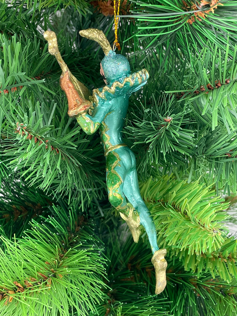 Christbaumschmuck Figur Harlekin mit einer Laute Deko Hänger türkisblau gold 16cm