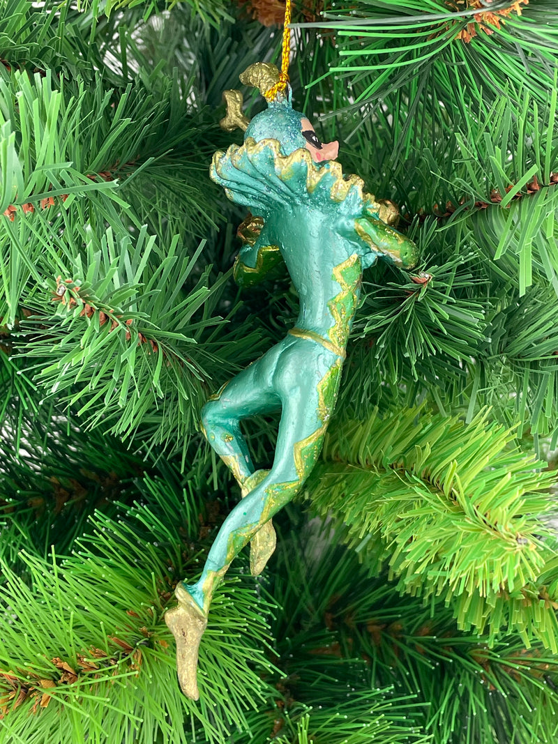 Christbaumschmuck Figur Harlekin mit einer Laute Deko Hänger türkisblau gold 16cm