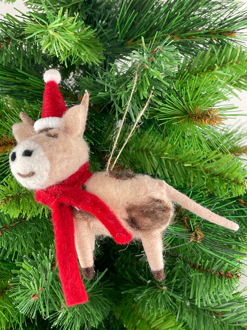 Christbaumschmuck Deko Hänger Filz Kuh mit Weihnachtsmütze beige braun weich B/H: 14cm/10cm leicht Weihnachten