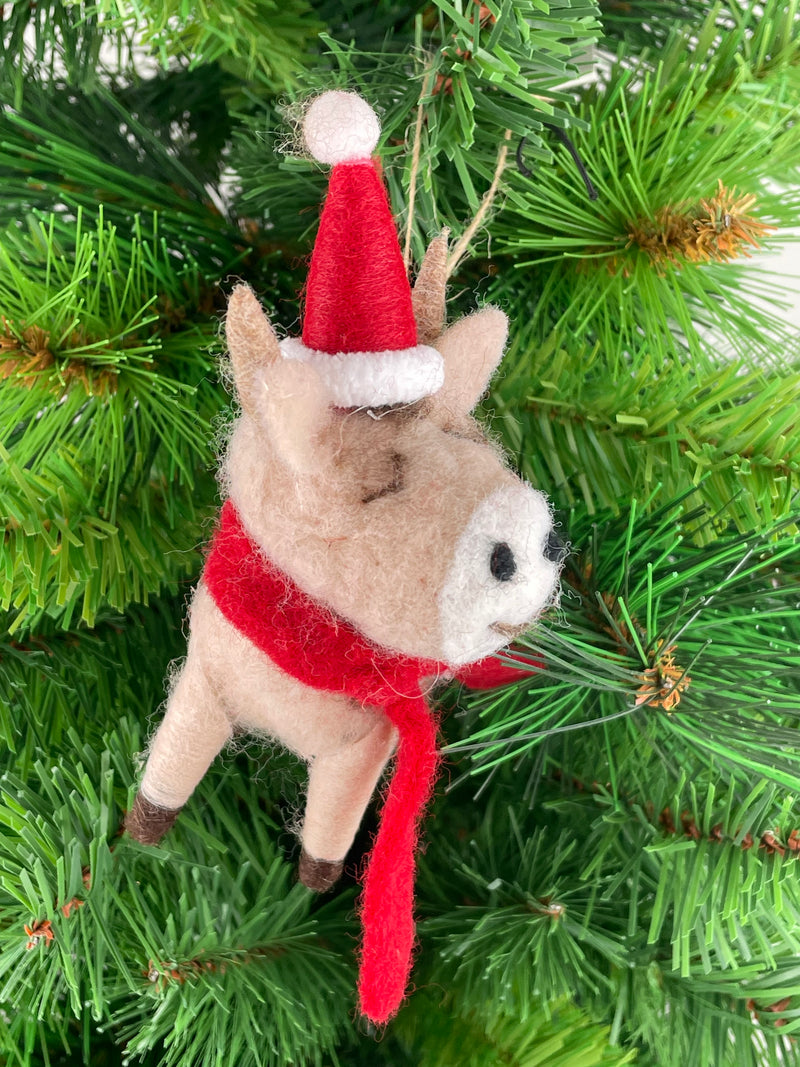 Christbaumschmuck Deko Hänger Filz Kuh mit Weihnachtsmütze beige braun weich B/H: 14cm/10cm leicht Weihnachten