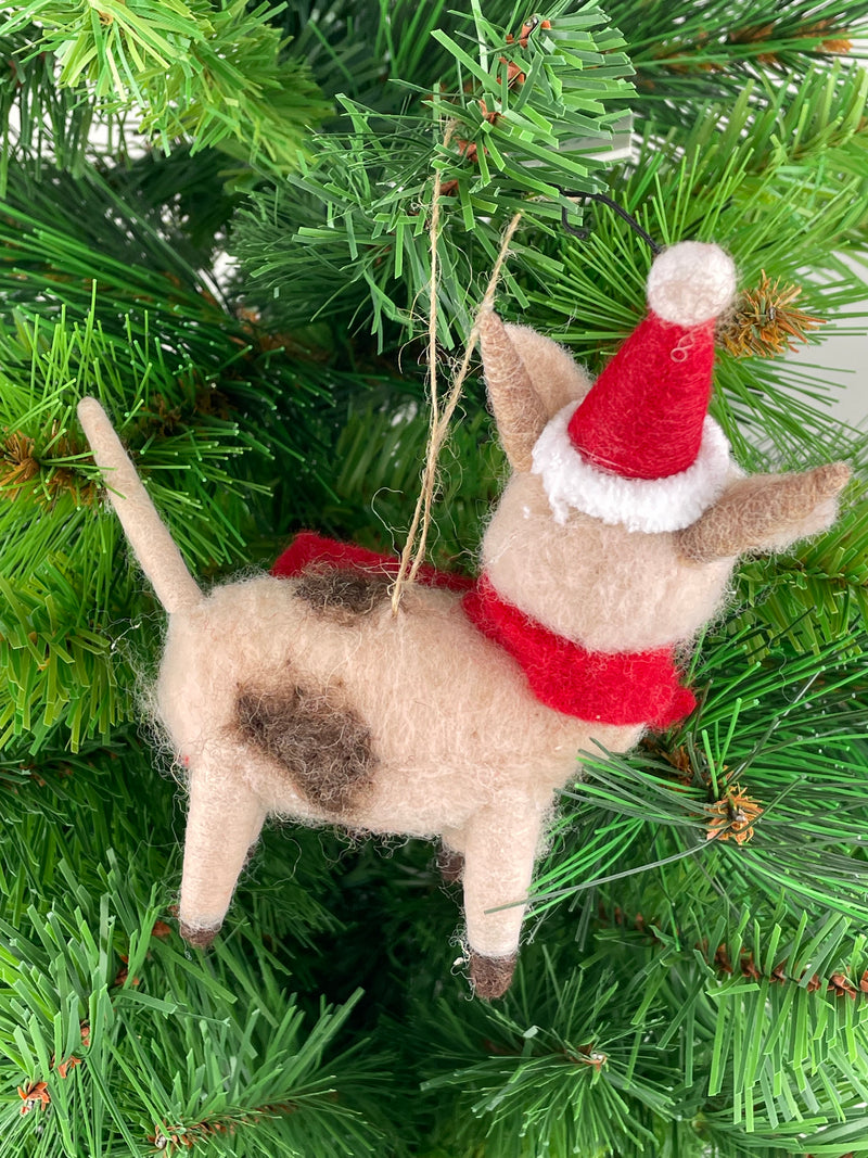 Christbaumschmuck Deko Hänger Filz Kuh mit Weihnachtsmütze beige braun weich B/H: 14cm/10cm leicht Weihnachten
