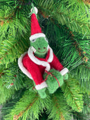 Christbaumschmuck Deko Hänger Filz Dino mit Weihnachtsmütze und Geschenk grün rot weich B/H: 15cm/15cm leicht Weihnachten